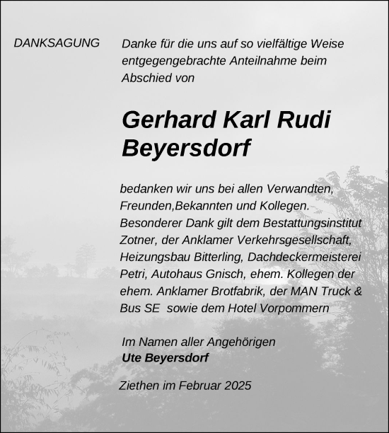 Traueranzeige von Gerhard Karl Rudi Beyersdorf von Nordkurier Vorpommern Kurier