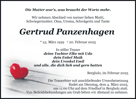 Traueranzeige von Gertrud Panzenhagen von Nordkurier Pasewalker Zeitung
