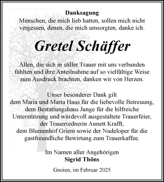 Traueranzeige von Gretel Schäffer von Nordkurier Mecklenburger Schweiz