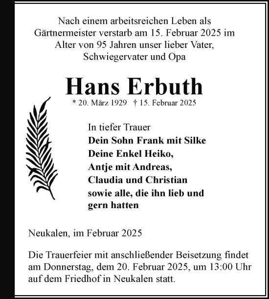 Traueranzeige von Hans Erbuth von Nordkurier Mecklenburger Schweiz