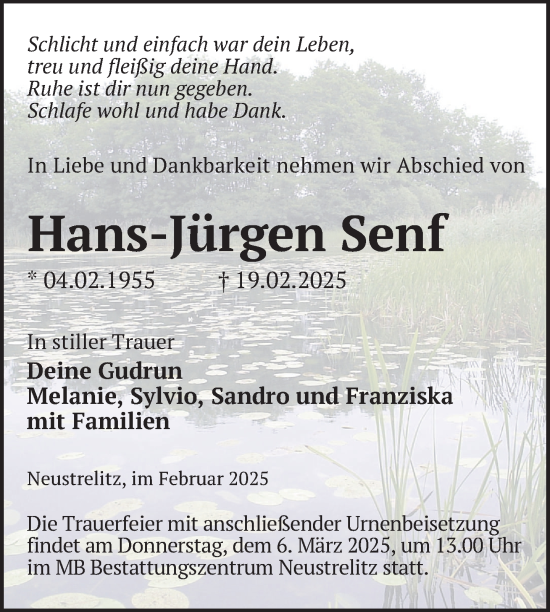 Traueranzeige von Hans-Jürgen Senf von Nordkurier Strelitzer Zeitung