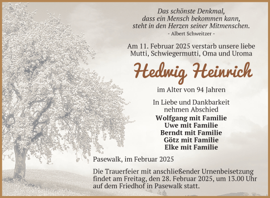 Traueranzeige von Hedwig Heinrich von Nordkurier Pasewalker Zeitung