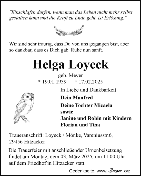 Traueranzeige von Helga Loyeck von Der Prignitzer, Prignitz Express