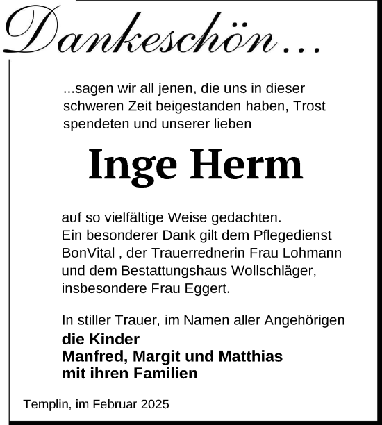 Traueranzeige von Inge Herm von Uckermark Kurier Templiner Zeitung