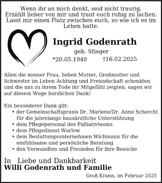 Traueranzeige von Ingrid Godenrath von Hagenower Kreisblatt