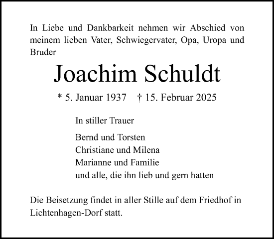 Traueranzeige von Joachim Schuldt von Norddeutsche Neueste Nachrichten