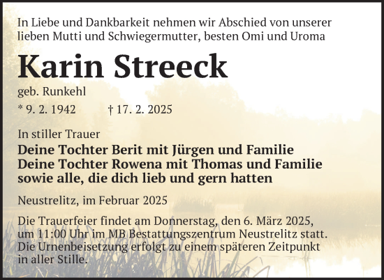 Traueranzeige von Karin Streeck von Nordkurier Strelitzer Zeitung