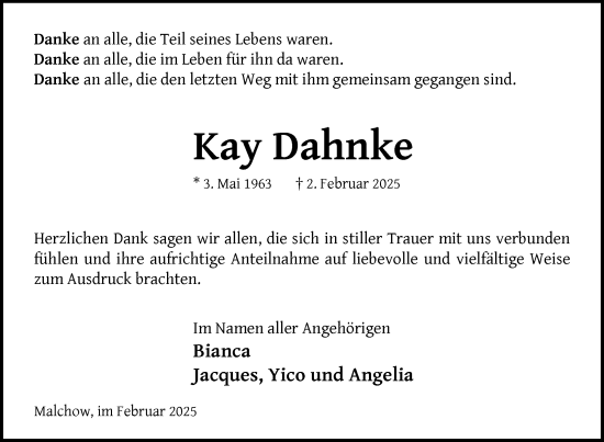 Traueranzeige von Kay Dahnke von Nordkurier Müritz-Zeitung