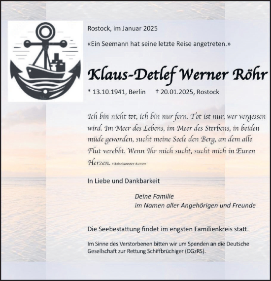 Traueranzeige von Klaus-Detlef Werner Röhr von Norddeutsche Neueste Nachrichten