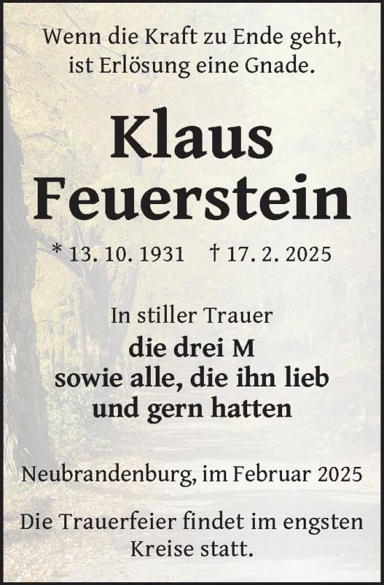 Traueranzeige von Klaus Feuerstein von Nordkurier Neubrandenburger Zeitung
