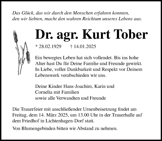 Traueranzeige von Kurt Tober von Norddeutsche Neueste Nachrichten