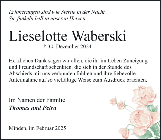 Traueranzeige von Lieselotte Waberski von Der Prignitzer