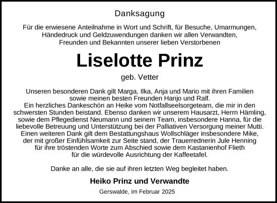 Traueranzeige von Liselotte Prinz von Uckermark Kurier Templiner Zeitung