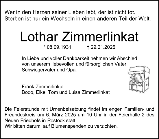 Traueranzeige von Lothar Zimmerlinkat von Norddeutsche Neueste Nachrichten