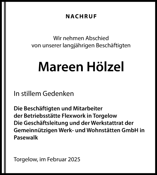 Traueranzeige von Mareen Hölzel von Nordkurier Haff-Zeitung
