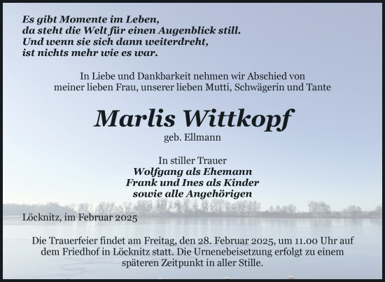 Traueranzeige von Marlis Wittkopf von Nordkurier Pasewalker Zeitung