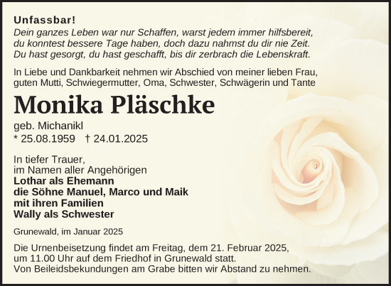 Traueranzeige von Monika Pläschke von Uckermark Kurier Templiner Zeitung