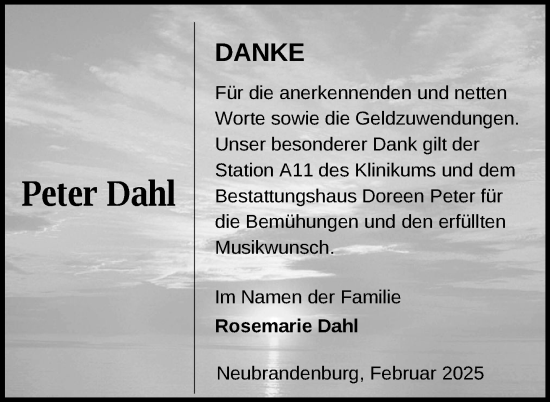 Traueranzeige von Peter Dahl von Nordkurier Neubrandenburger Zeitung