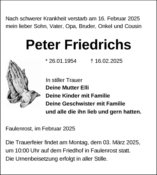 Traueranzeige von Peter Friedrichs von Nordkurier Mecklenburger Schweiz