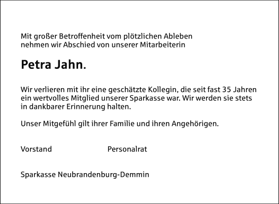 Traueranzeige von Petra Jahn von Nordkurier Neubrandenburger Zeitung