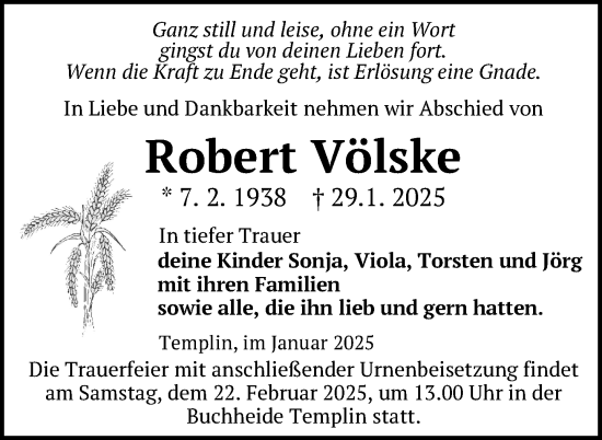 Traueranzeige von Robert Völske von Uckermark Kurier Templiner Zeitung