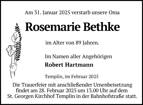 Traueranzeige von Rosemarie Bethke von Uckermark Kurier Templiner Zeitung