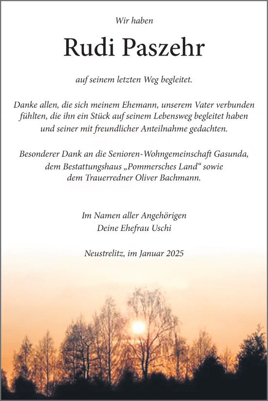 Traueranzeige von Rudi Paszehr von Nordkurier Strelitzer Zeitung
