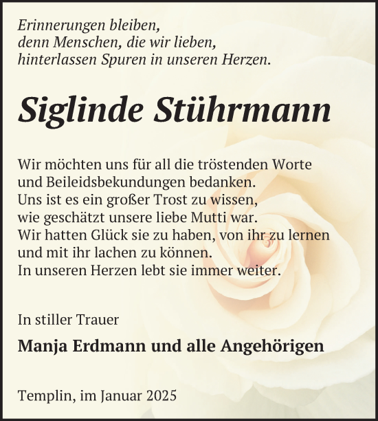 Traueranzeige von Siglinde Stührmann von Uckermark Kurier Templiner Zeitung
