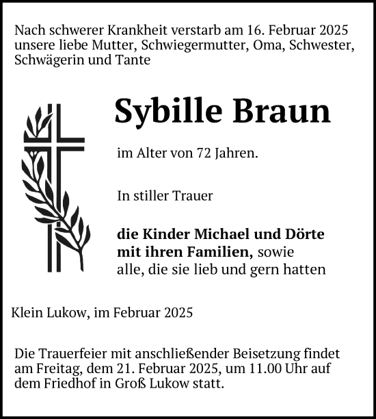 Traueranzeige von Sybille Braun von Nordkurier Müritz-Zeitung