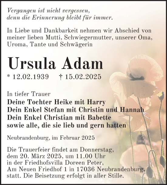 Traueranzeige von Ursula Adam von Nordkurier Neubrandenburger Zeitung