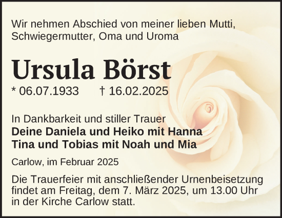 Traueranzeige von Ursula Börst von Güstrow und Bützow