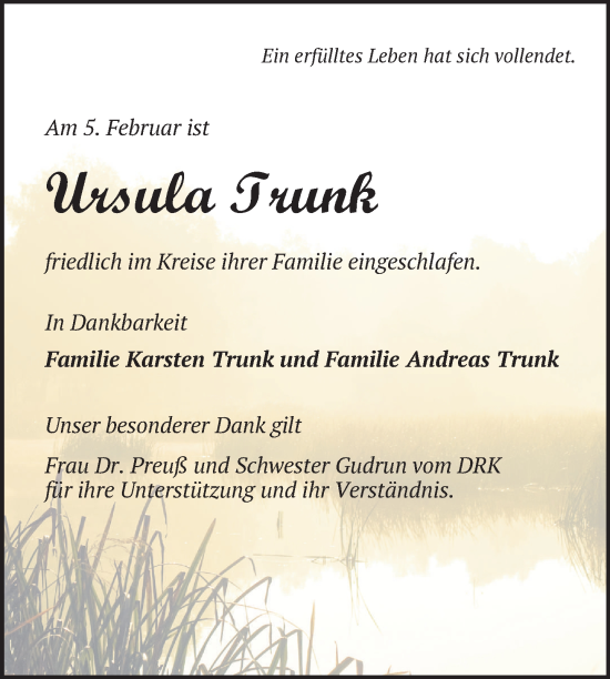 Traueranzeige von Ursula Trunk von Nordkurier Vorpommern Kurier