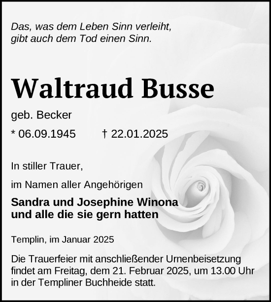 Traueranzeige von Waltraud Busse von Uckermark Kurier Templiner Zeitung