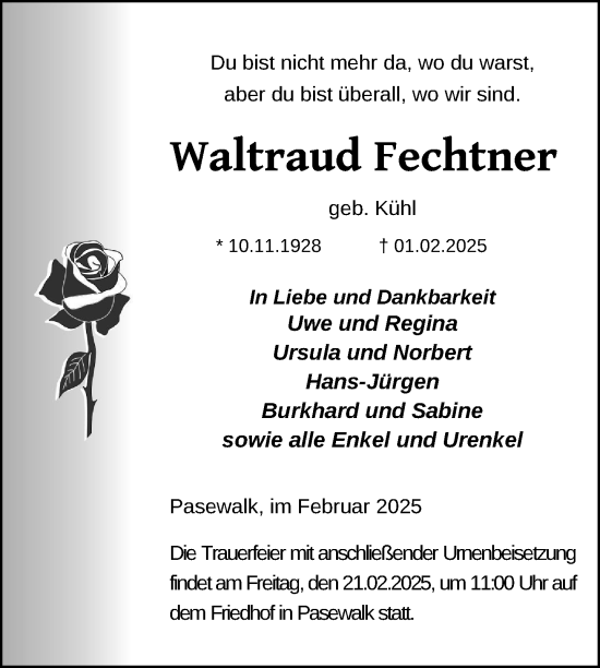 Traueranzeige von Waltraud Fechtner von Nordkurier Pasewalker Zeitung
