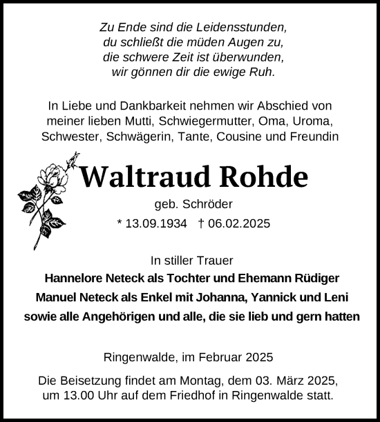 Traueranzeige von Waltraud Rohde von Uckermark Kurier Prenzlauer Zeitung