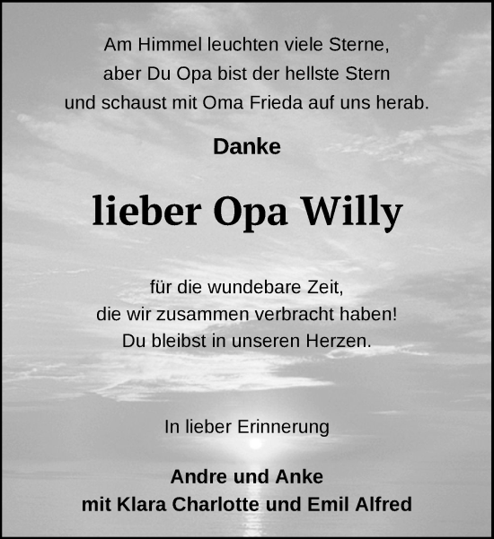 Traueranzeige von Willy  von Gadebusch - Rehnaer Zeitung