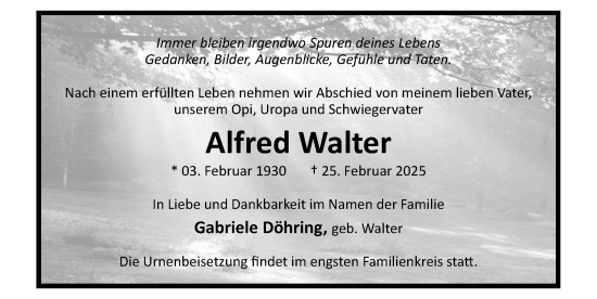 Traueranzeige von Alfred Walter von Zeitung für die Landeshauptstadt