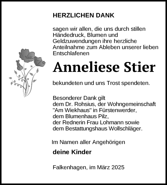 Traueranzeige von Anneliese Stier von Uckermark Kurier Prenzlauer Zeitung