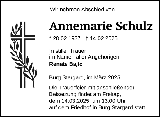 Traueranzeige von Annemarie Schulz von Nordkurier Neubrandenburger Zeitung