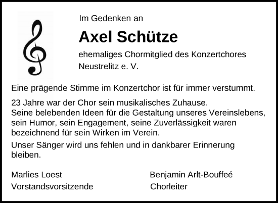 Traueranzeige von Axel Schütze von Nordkurier Strelitzer Zeitung