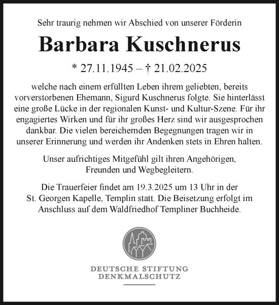Traueranzeige von Barbara Kuschnerus von Uckermark Kurier Templiner Zeitung