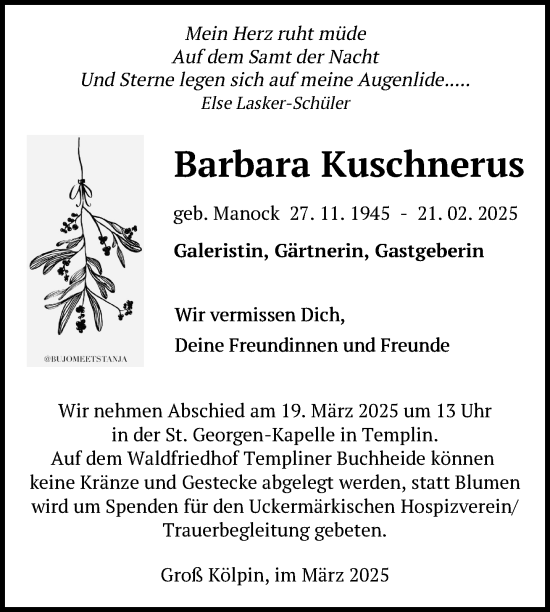 Traueranzeige von Barbara Kuschnerus von Uckermark Kurier Templiner Zeitung
