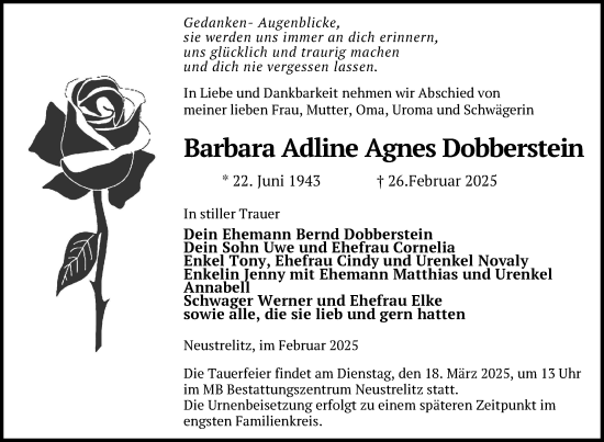 Traueranzeige von Barbara Adline Agnes Dobberstein von Nordkurier Neubrandenburger Zeitung
