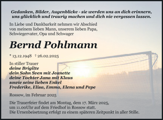 Traueranzeige von Bernd Pohlmann von Nordkurier Pasewalker Zeitung