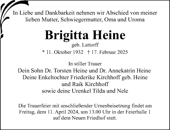 Traueranzeige von Brigitta Heine von Norddeutsche Neueste Nachrichten
