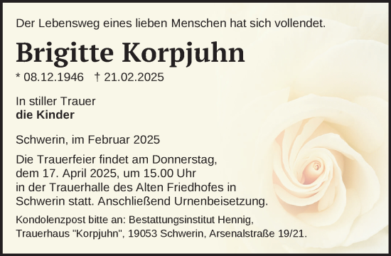 Traueranzeige von Brigitte Korpjuhn von Zeitung für die Landeshauptstadt