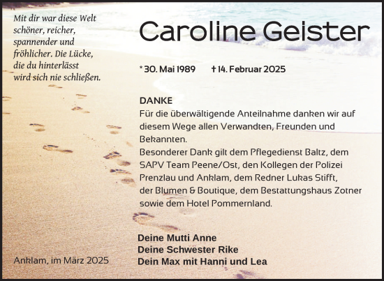 Traueranzeige von Caroline Geister von Nordkurier Vorpommern Kurier