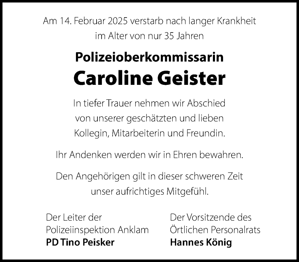  Traueranzeige für Caroline Geister vom 07.03.2025 aus Nordkurier Vorpommern Kurier