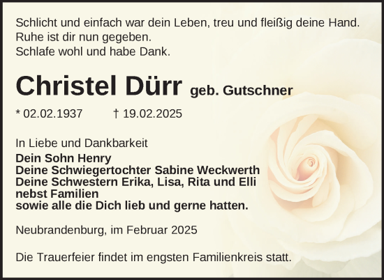 Traueranzeige von Christel Dürr von Nordkurier Neubrandenburger Zeitung
