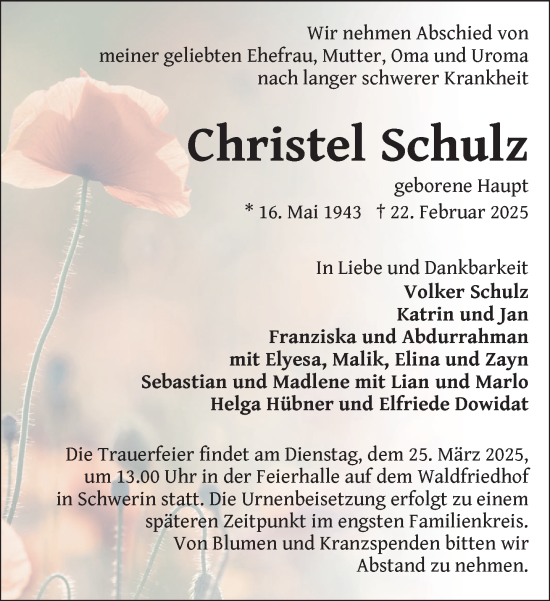 Traueranzeige von Christel Schulz von Zeitung für die Landeshauptstadt
